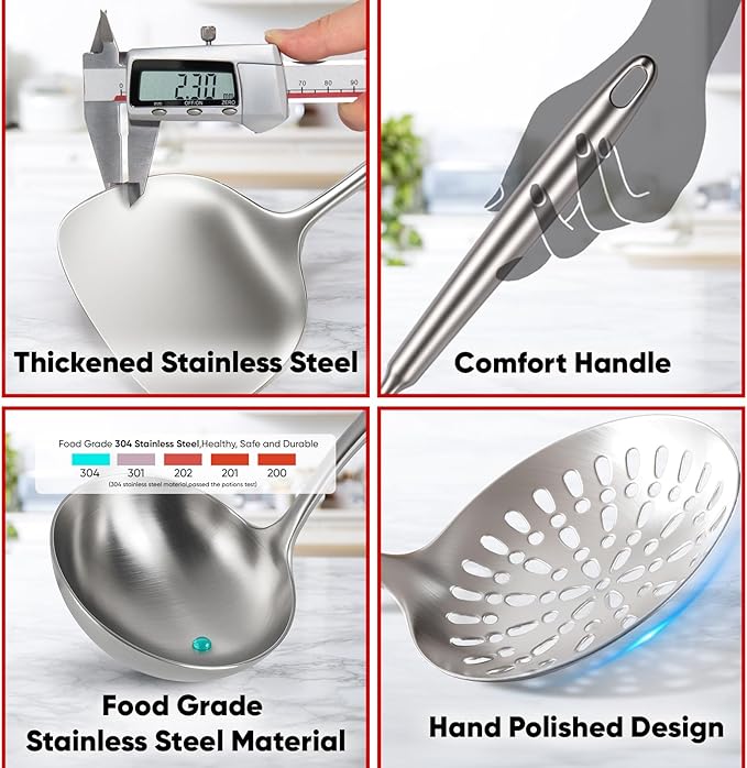 5 Pcs Newness Cooking Utensils Set, 304 Stainless Steel Kitchen Utensils Set, Metal Kitchen Accessories, Include Soup Ladle, Slotted Skimmer Spoon, Spaghetti Spoon and Spatula, Dishwasher Safe