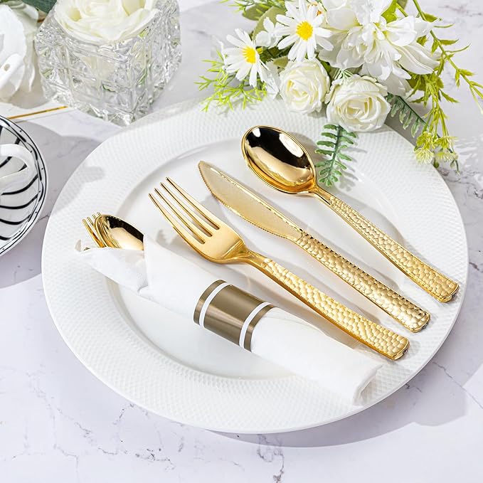 WELLIFE 400PCS Gold Plastic Silverware, Pre Rolled Silverware Set Disposable,Plastic Cutlery Includes: 100 Forks, 100 Knives, 100 Spoons, 100 Napkins, Cutlery Set Disposable for Thanksgiving