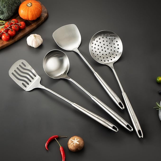 5 Pieces Cooking Utensils set, 18/8 Stainless Steel Kitchen Utensil Set with Rotating Holder (Dishwasher Safe)