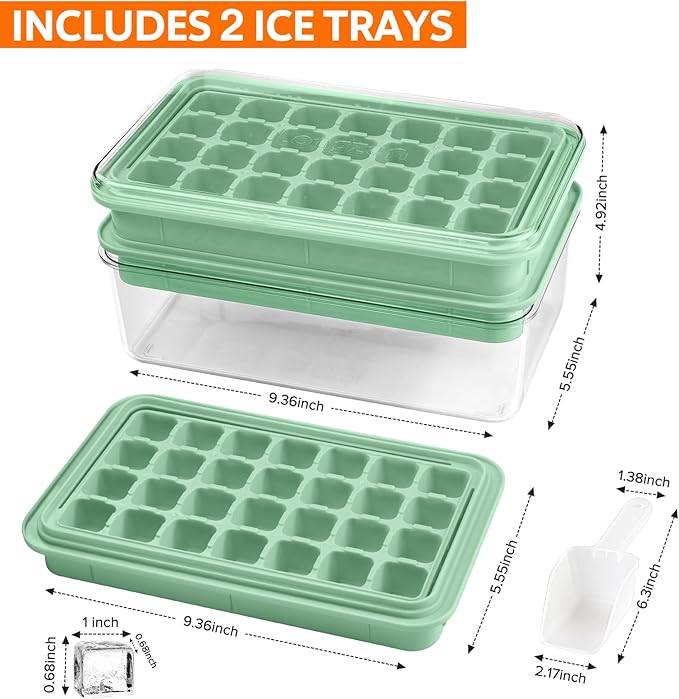 Longzon Ice Cube Tray with Lid and Bin, 56 Pcs Ice Cube Trays for Freezer, Ice Cube Mold, Ice Molds Spill-Resistant Removable Lid & Ice Scoop, Ice Mold for Whiskey Cocktail, Tea, Coffee -Green