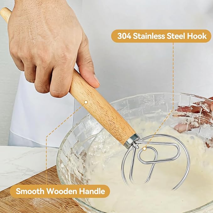 Danish Dough Whisk Dutch Bread Mixer Stainless Steel Hook Wooden Handle Baking Tools for Sourdough Pizza Pastry Cake Batter Making