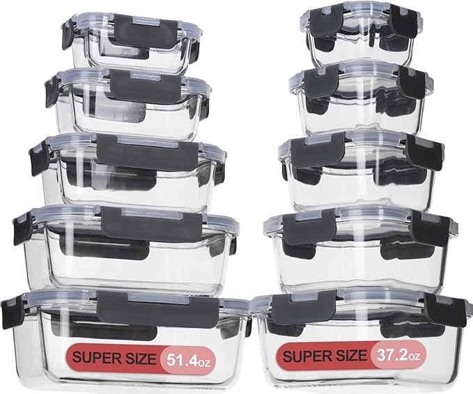 Glass Food Storage Containers with Lids Airtight, Glass Meal Prep Containers for Lunch Food, Container Set, Easy to Open& Close/Microwave,Oven,Freezer,Dishwasher Safe/Leak-Proof（20 Pieces）