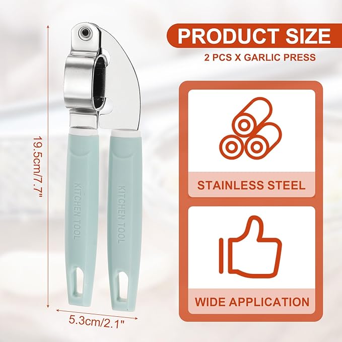 uxcell 2pcs Garlic Press, 7.7 Inch Stainless Steel Garlic Crusher and Peeler for Home Cooks and Professional Chefs, Blue