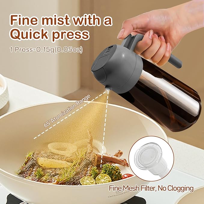 YARRAMATE 16oz/470ml Dark Brown Oil Sprayer for Cooking with Stickers, Food-grade Premium 2 in 1 Olive Oil Dispenser Bottle for Kitchen Gadgets, Air Fryer, Salad, Frying, BBQ (Grey)