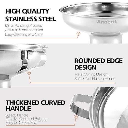 Anaeat Stainless Steel Canning Funnel with Handle for Wide and Regular Jars & Canning Jars, Wide-Mouth Funnels Excellent for Transferring Liquid and Dry Ingredients, Large Solids, Beans & Jams (5.5")