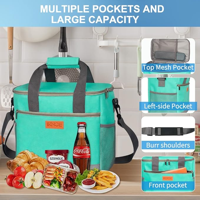 Iknoe Large Cooler Bag Collapsible 24 Can Insulated Bags Leakproof Lunch Cooler Tote with Multi-Pockets for Adult Insulated Thermal Bag for Beach, Picnic, Office Work(Mint Green)