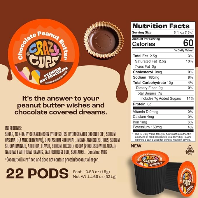 Crazy Cups Peanut Butter Hot Chocolate Pods, Perfect Peanut Butter Cup Hot Chocolate for Keurig K Cups Brewers, Rich and Creamy Peanuts Hot Cocoa, 22 Count