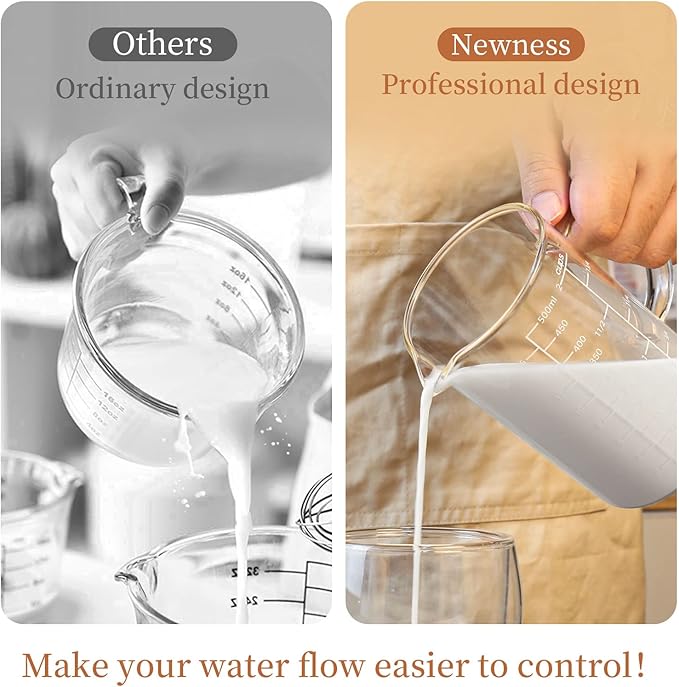 Newness Glass Measuring Cup with Handle, 500 ML (0.5 Liter, 2 Cup) Measuring Cup with Three Scales (OZ, Cup, ML/CC) and V-Shaped Spout, Measuring Beaker for Kitchen or Restaurant, Easy to Read