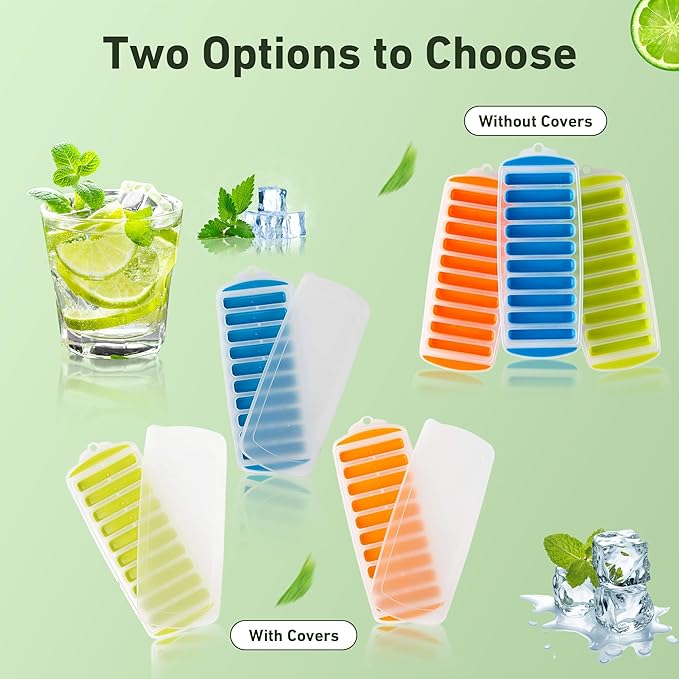 Lily's Home Silicone Narrow Ice Stick Cube Trays with Easy Push and Pop Out Material, Ideal for Sports and Water Bottles, Assorted Bright Colors (11.81" x 4.61" x 0.75", Set of 3)