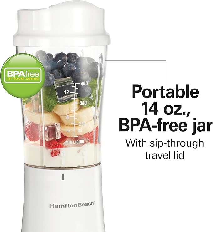 Hamilton Beach Portable Blender for Shakes and Smoothies, 14 Oz BPA Free Travel Cup & Lid, Durable Stainless Steel Blades, Personal Smoothie Blender, White ( 51101V)