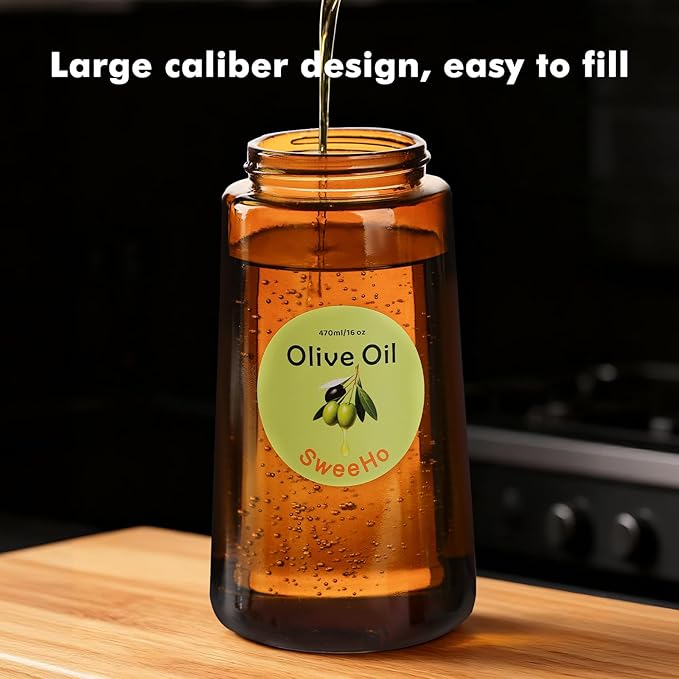 Oil Sprayer for Cooking,470ml Cooking Olive Oil Sprayer and Oil Dispenser 2 In 1, Food-grade Glass Oil Spray Bottle Mister for Air Fryer, BBQ, Griddle (Black+dark brown glass and color label)