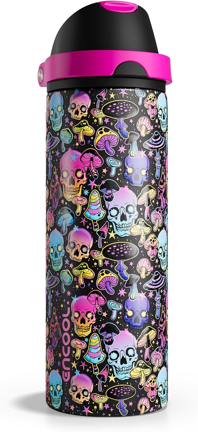 ENCOOL Halloween Insulated Water Bottle with Straw - Stainless Steel Water Bottle with Push Button Lid, Leak-Proof BPA-Free, Keeps Cold for 24 Hours for Halloween gifts, Party (24 oz, Trippy Skulls)