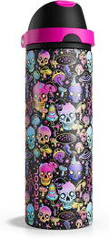 ENCOOL Halloween Insulated Water Bottle with Straw - Stainless Steel Water Bottle with Push Button Lid, Leak-Proof BPA-Free, Keeps Cold for 24 Hours for Halloween gifts, Party (24 oz, Trippy Skulls)