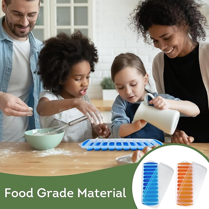 Lily's Home Silicone Ice Cube Tray with Lid Set of 2, BPA-Free, Ideal for Water Bottles & Sports Bottles, Flexible & Stackable Design for Quick Release, Ice Cube Trays for Freezer(11.81"*4.72"*0.95")