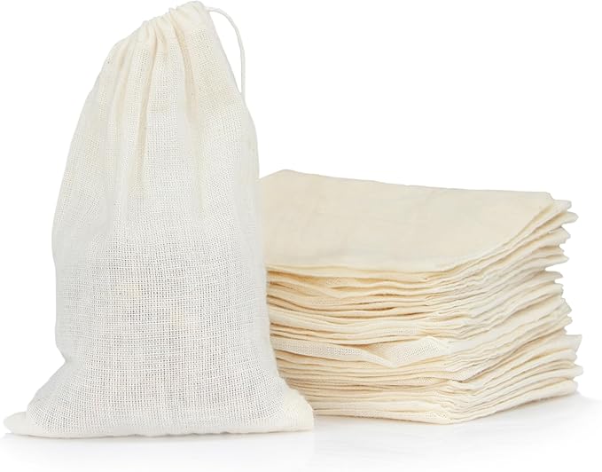 25-Pack Small Cheesecloth Bags, 4x3 Inches, Natural Unbleached Muslin Drawstring Bags for Straining Herbs, Cheese, Coffee, Tea, Soup, Gravy, Broth, Stew, and Spices