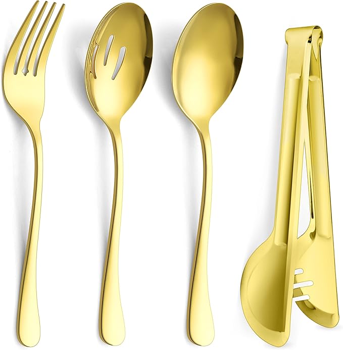 Large Gold Serving Utensils Set of 8, E-far Stainless Steel 9.8 Inch Serving Spoons Slotted Spoon, 9.9 Inch Forks, 9.4 Inch Tong for Buffet Catering, Mirror Finish & Dishwasher Safe