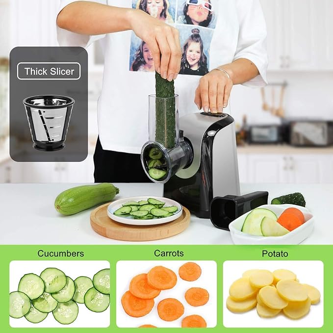 Homdox Electric Salad Maker, Professional Slicer Shredder Greater Electric Cheese Grater Salad Maker Machine Carrot Slicer with 4 Stainless Steel Rotary Blades, One-Touch Control, 150W