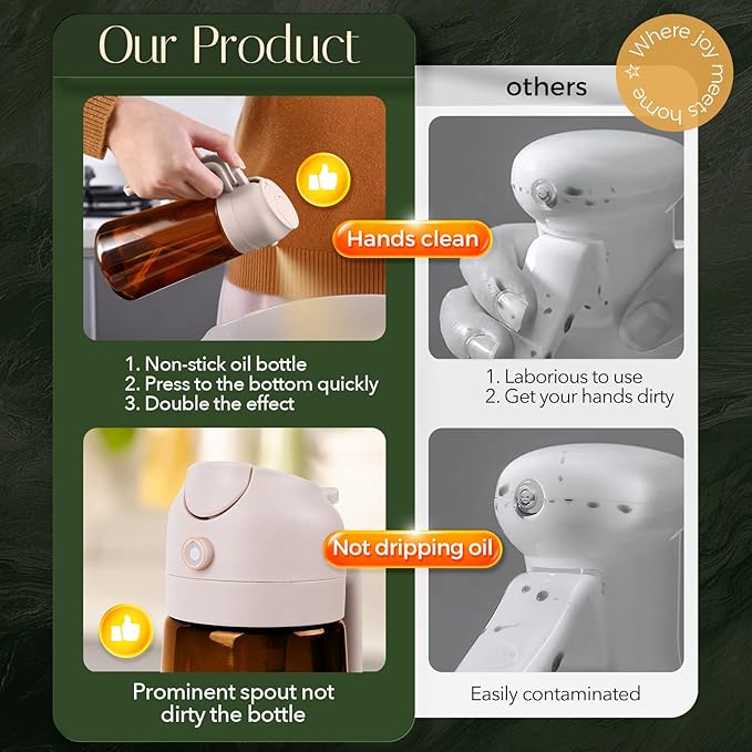 YARRAMATE 16oz/470ml Light Blocking Oil Sprayer for Cooking with Stickers, Food-Grade 2 in 1 Olive Oil Dispenser Bottle for Kitchen,Dark Amber Glass Oil Bottle for Air Fryer, BBQ (LotusRootPink)