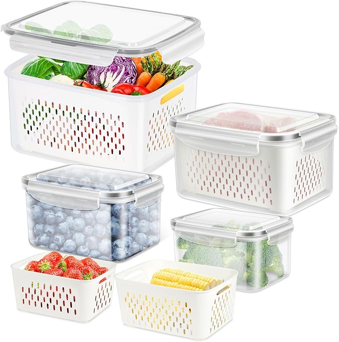 4 Pack Fruit Storage Container for Fridge, Plastic Fruit Containers for Fridge with Removable Colander, Container for Fruit Berry Salad Lettuce, BPA Free Kitchen Refrigerator Organizers
