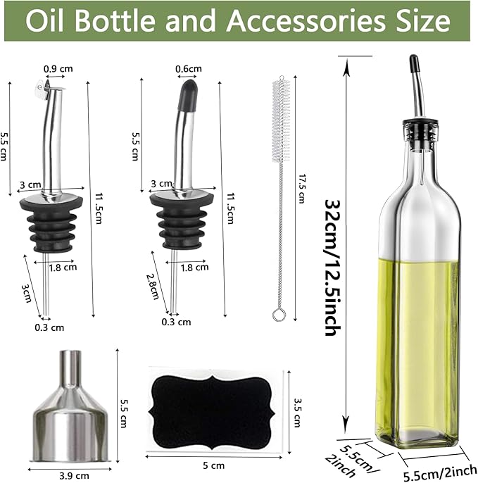 Olive Oil Dispenser Bottle, 2 Pcs Glass Olive Oil Dispenser and Vinegar Dispenser Set with 2 Stainless Steel Pourers, 4 Labels,1 Brush and 1 Funnel Oil Bottles for Kitchen (500ml)