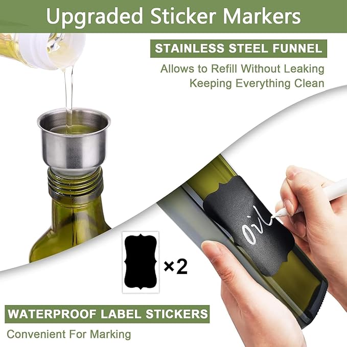 Olive Oil Dispenser Bottle, 1 Pcs Green Glass Olive Oil Dispenser and Vinegar Dispenser Set with 2 Stainless Steel Pourers, 2Labels,1 Brush and 1 Funnel Oil Bottles for Kitchen, 17 oz(500ml)
