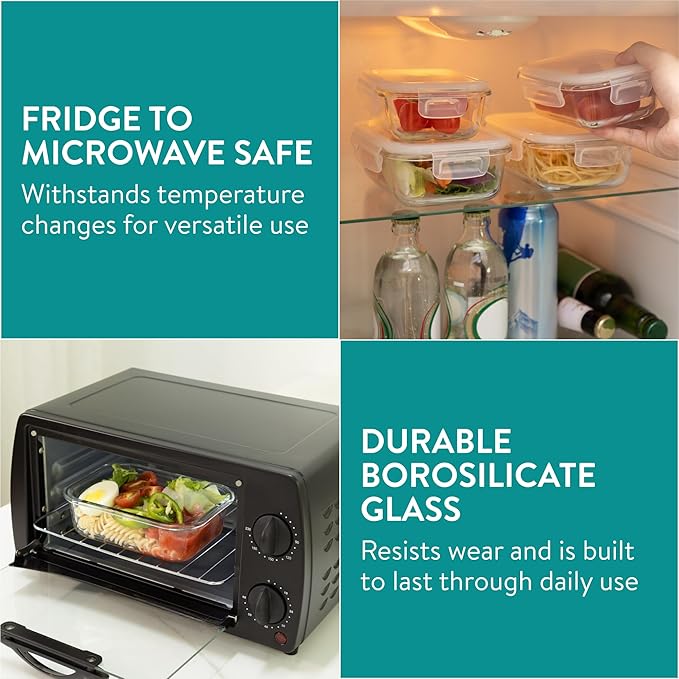 Navaris Glass Food Storage Containers with Lids - Set of 6, Airtight & Lockable - Reusable Meal Prep Containers for Lunch, Leftovers & Picnic - Microwave, Dishwasher & Oven Ready