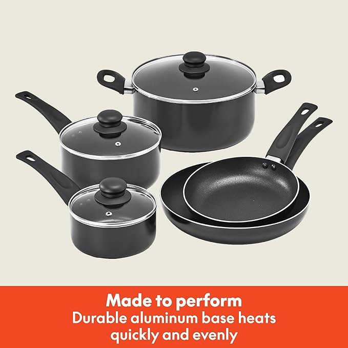 bella Cookware Set, 12 Piece Pots and Pans with Utensils, Nonstick PFOA Free Scratch Resistant Cooking Surface Compatible with All Stoves, Nylon and Aluminum, Black