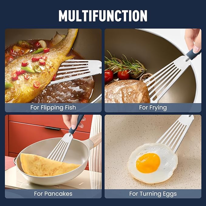 Silicone Fish Spatula Turner Set of 2,2-in-1 Heat Resistant Silicone Slotted Fish Spatulas for Nonstick Cookware,Flexible Thin Stainless Steel Slotted Fish Turner Spatula Flipper for Fish,Egg,Pancake