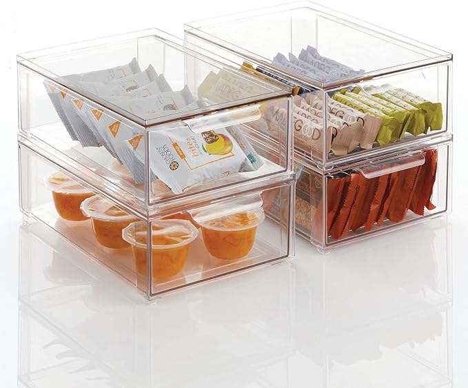 mDesign Plastic Pantry Organization and Storage Bin w/Pull Out Drawer - Shallow Stackable Kitchen Supplies Storage Container for Organizing Cabinet, Fridge, Freezer - Lumiere Collection - Clear