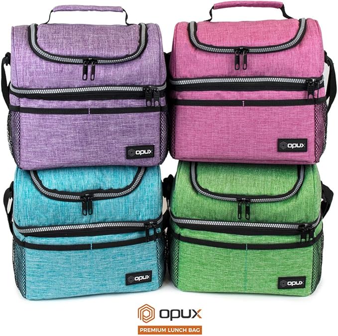 OPUX Lunch Box For Women, Insulated Large Lunch Bag Adult Work, Double Decker Lunchbox Meal Prep, Dual Compartment Leakproof Lunch Cooler, Soft Lunch Pail Tote for Girls, Kids, School (Pink, 16 Cans)