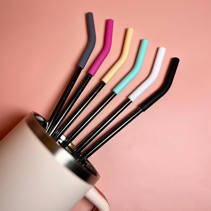 6 PCS 12Inch Metal Stainless Steel Reusable Straight Straw,with 6 Silicone Flex Tips and 2 Cleaning Brush,for 40oz Stanley, Hydrapeak, Owala Tumbler,Simple Modern 32 40oz Tumbler(8mm Silver)