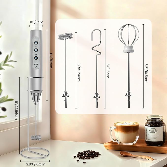 Milk Frother Handheld Rechargeable with Stand, Frother Wand Drink Mixer Electric Whisk for Coffee, Detachable With 3 Stainless Whisks, Hand Mixer for Lattes, Cappuccino, Matcha, Egg, Silver
