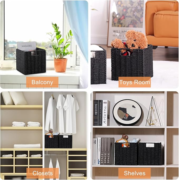 Vagusicc Wicker Basket, Set of 2 Woven Storage Baskets for Shelves, Foldable Cube Storage Basket Bins with Handles, 9 inch Small Storage Baskets for Organizing Pantry Bedroom, Black