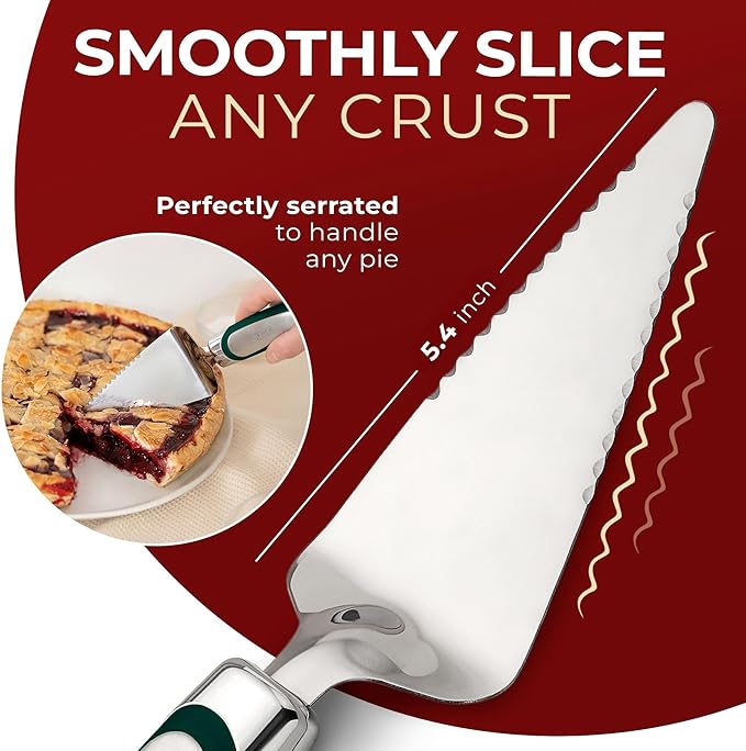 Orblue Pie Server, Essential Kitchen Tool, Serrated on Both Sides, Great for Right or Left Handed Chef, Stainless Steel Flatware, Cake Cutter, Dark Green