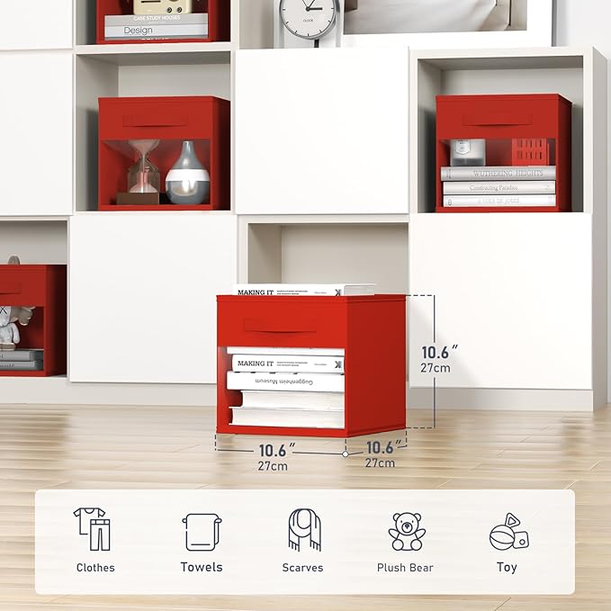 DIMJ Storage Cubes, Cube Storage Bin, 6 Pack Foldable Baskets with Window, Closet Storage Bins with Handle, 11x 11 inch Storage Cubes for Clothes, Toys, Books (Red)