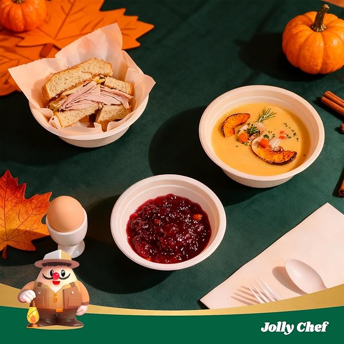 JOLLY CHEF Compostable Disposable Paper Bowl [16 oz] Heavy Duty Soup Containers [150 Pack] Biodegradable Bagasse Hot Cold Food Eco-Friendly Sugarcane Microwavable Bowls for Salad Milk Thanksgiving Day