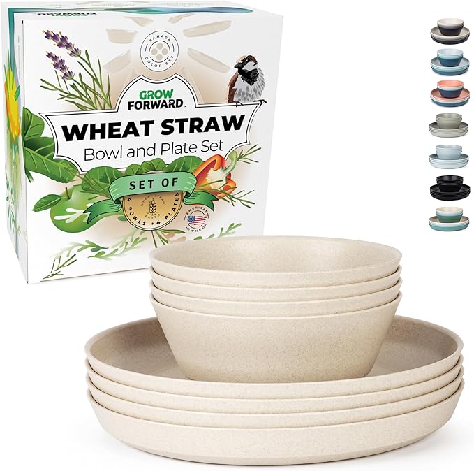 Grow Forward Premium Wheat Straw Plates and Bowls Sets - 8-Piece Wheat Straw Dinnerware Sets - Unbreakable & Reusable Microwave Safe Plastic Dinner Plates for Outdoors, RV, Camping Dishes - Sahara