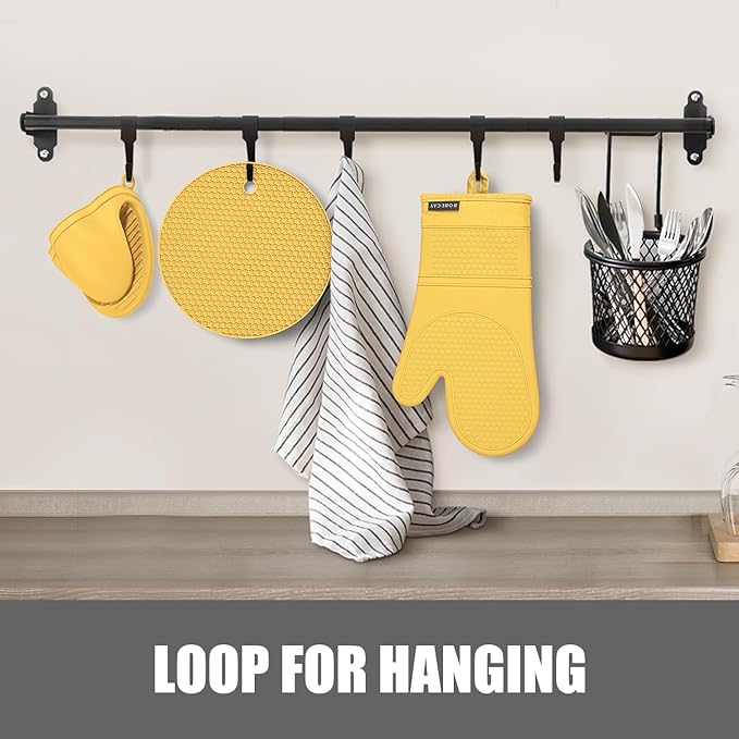 Rorecay Oven Mitts and Pot Holders Sets 6pcs, Extra Long Kitchen Silicone Oven Gloves Heat Resistant 500 Degrees Non-Slip Potholders Hot Pads for Baking Cooking, Quilted Liner, Samoan Sun