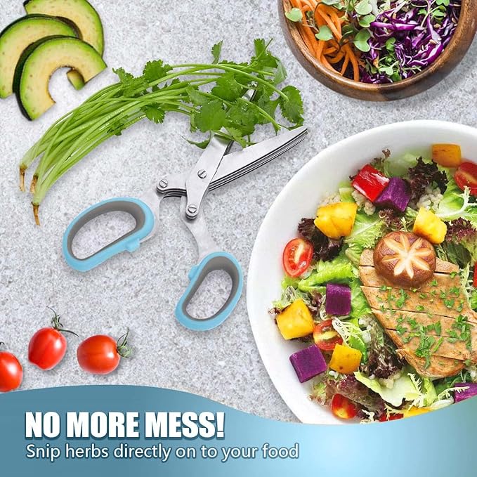 LHS Herb Scissors, Multipurpose 5 Blade Kitchen Herb Shears with Safety Cover, Kitchen Scissors for Chopping Basil Chive Parsley -Blue