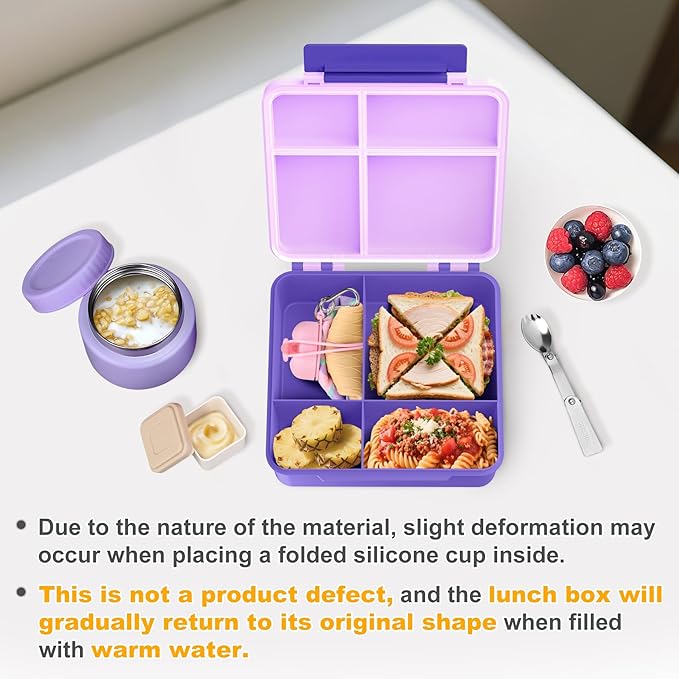 Lunch Box Kids with 5 Compartments, Insulated Food Jar & Utensil & Sauce Container & Lunch Bag & Silicone Collapsible Cup, Leak Proof Bento Box, BPA-Free & Dishwasher Safe-Soft Purple