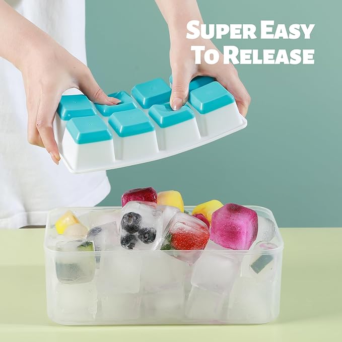 Large Ice Cube Trays with Lid, Jrisbo 2 Pack Stackable Silicone Ice Cube Molds for Freezer, Easy Release 16 Big Square Ice Trays for Whisky Cocktails (Blue)