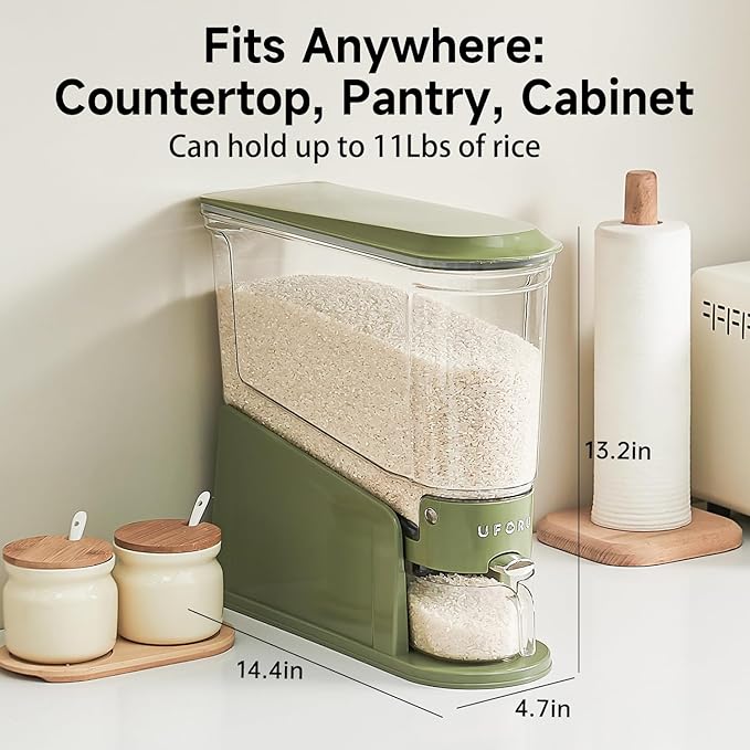 Rice Dispenser 11Lbs, Slim Rice Storage Container for Small Space, BPA-Free Clear Dry Food Dispenser Sealed Moisture Proof, Grain&Cereal Storage Bucket for Kitchen Pantry Household,Green