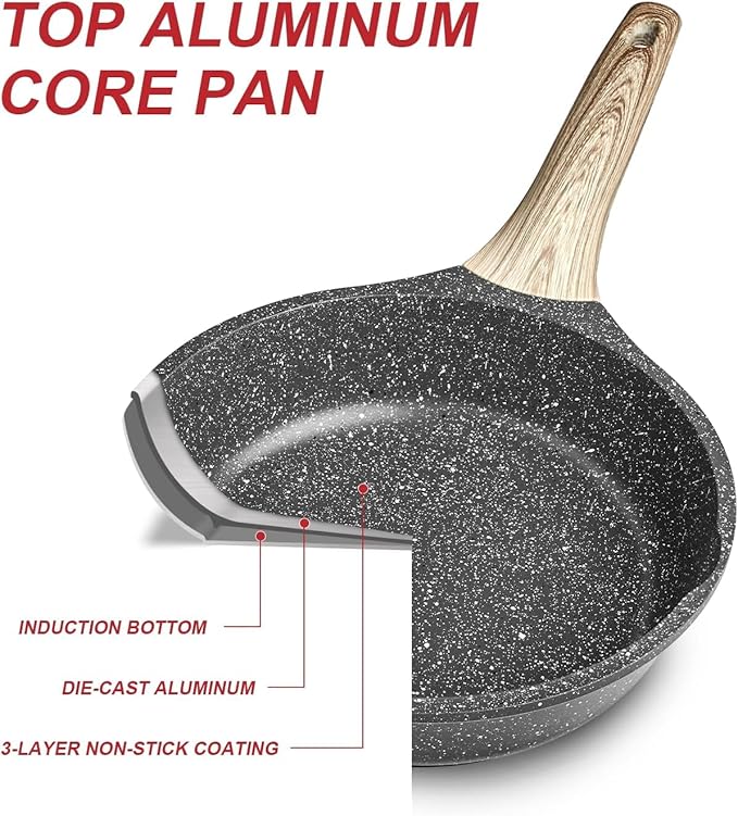 Caannasweis Nonstick Granite Frying Pan Skillet, Non Stick Omelette Fry Pans, Omelet Egg Pan, Stone Cookware Chef's Pan, Induction Compatible, PFOA Free (Gray, 11 Inch with Lid)