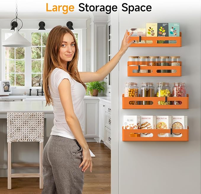 4 Pack Magnetic Spice Rack for Refrigerator, Spice Rack Organizer, Moveable Magnetic Shelf Fridge Organizer with 4 Hooks for Kitchen and Oven Organization, Orange
