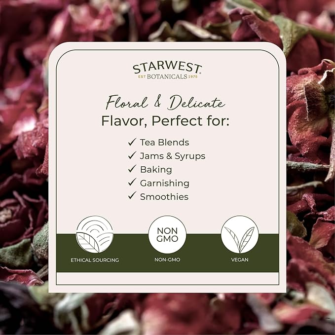 Starwest Botanicals Dried Red Rose Buds & Petals - Edible Flower for Tea, Baking, & Cooking, Use for Soap or Lotions, Certified Kosher - Bulk 1 lb Bag