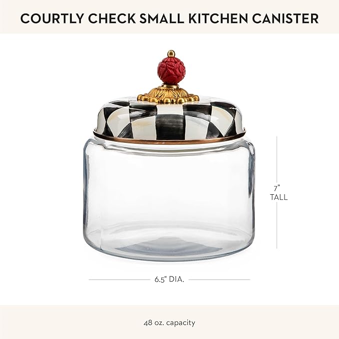 MACKENZIE-CHILDS Courtly Check Kitchen Canister, Decorative Black-and-White Glass Storage Jar with Lid, Small