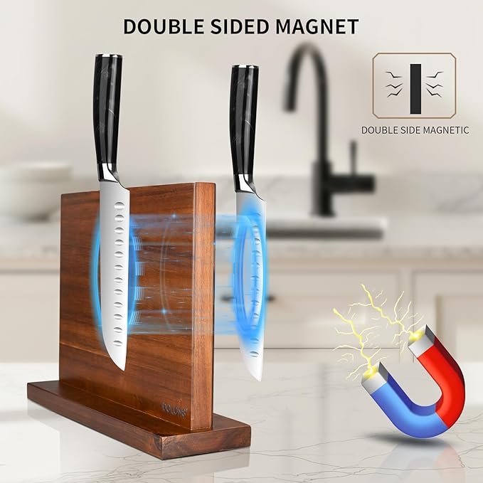 Magnetic Knife Block, Thickened Acacia Wood Kitchen Knife Holder Stand with Strong Magnets, Multifunctional Double Side Knife Storage Organizer for Kitchen Counter (Brown)