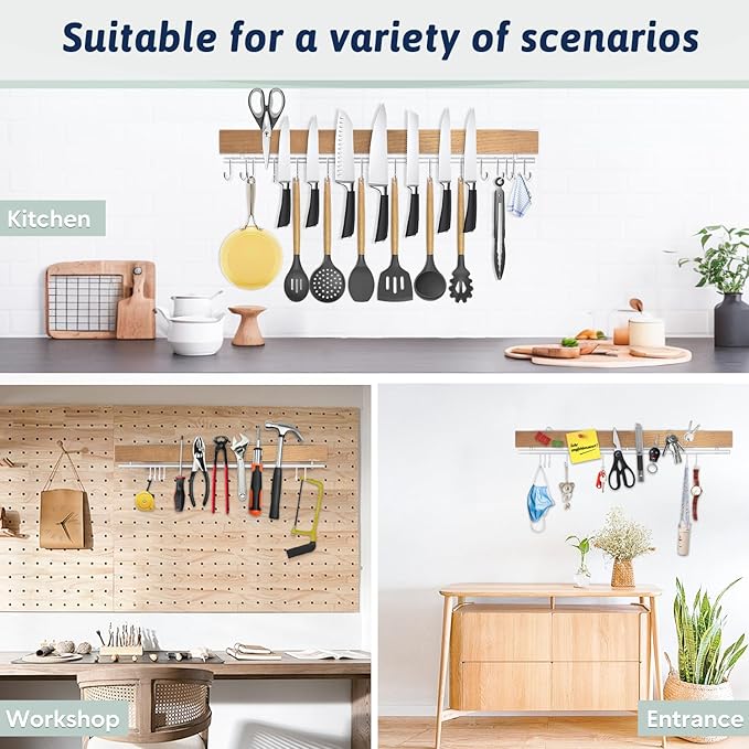 23 Inch Magnetic Knife Holder for Wall - Pailexin Wooden Magnet Knife Strip No Drill with 15 Hooks/Adhesive Tape/Screws, Kitchen Utensil Holder, Magnetic Knife Organizer, Wall Mounted Knife Storage
