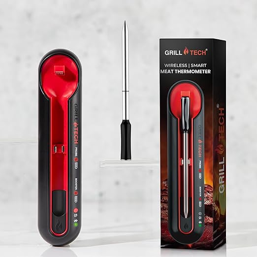Grill Tech Wireless Meat Thermometer Digital – Bluetooth Smart Food Thermometer, Perfectly Cook Your Steak, Chicken, Brisket And More, 950ft Range, USB-C Rechargeable Case & GrillTech App for Grilling