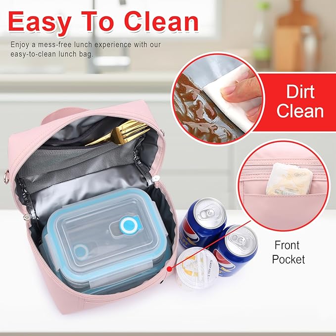 NOL Natural Organic Lifestyle Insulated Lunch Bags for Women Cooler Bag Lightweight Nylon Waterproof Lunch Box For Work (Medium, Pink)